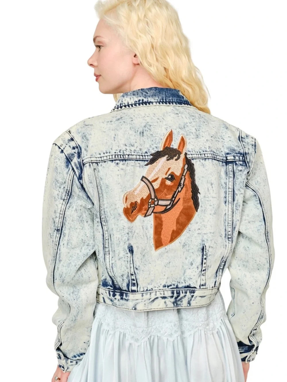 NEW Blue b Washed Denim Western Embroidered Horse Patches Western Jean Jacket - Picture 4 of 7